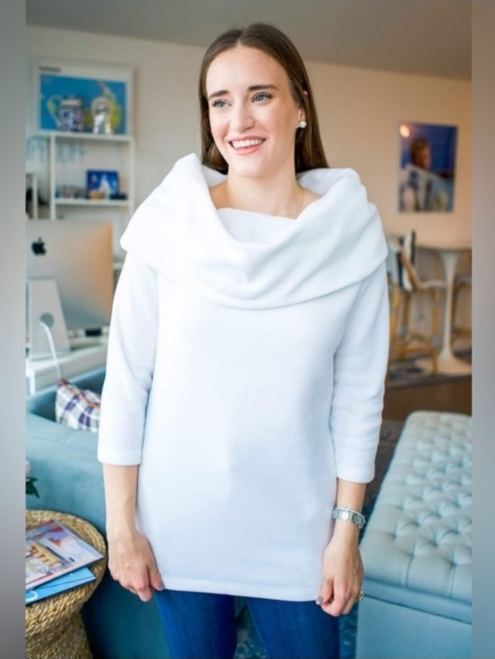 Dudley Stephens Cowl Neck Fleece Tunic White Size Large